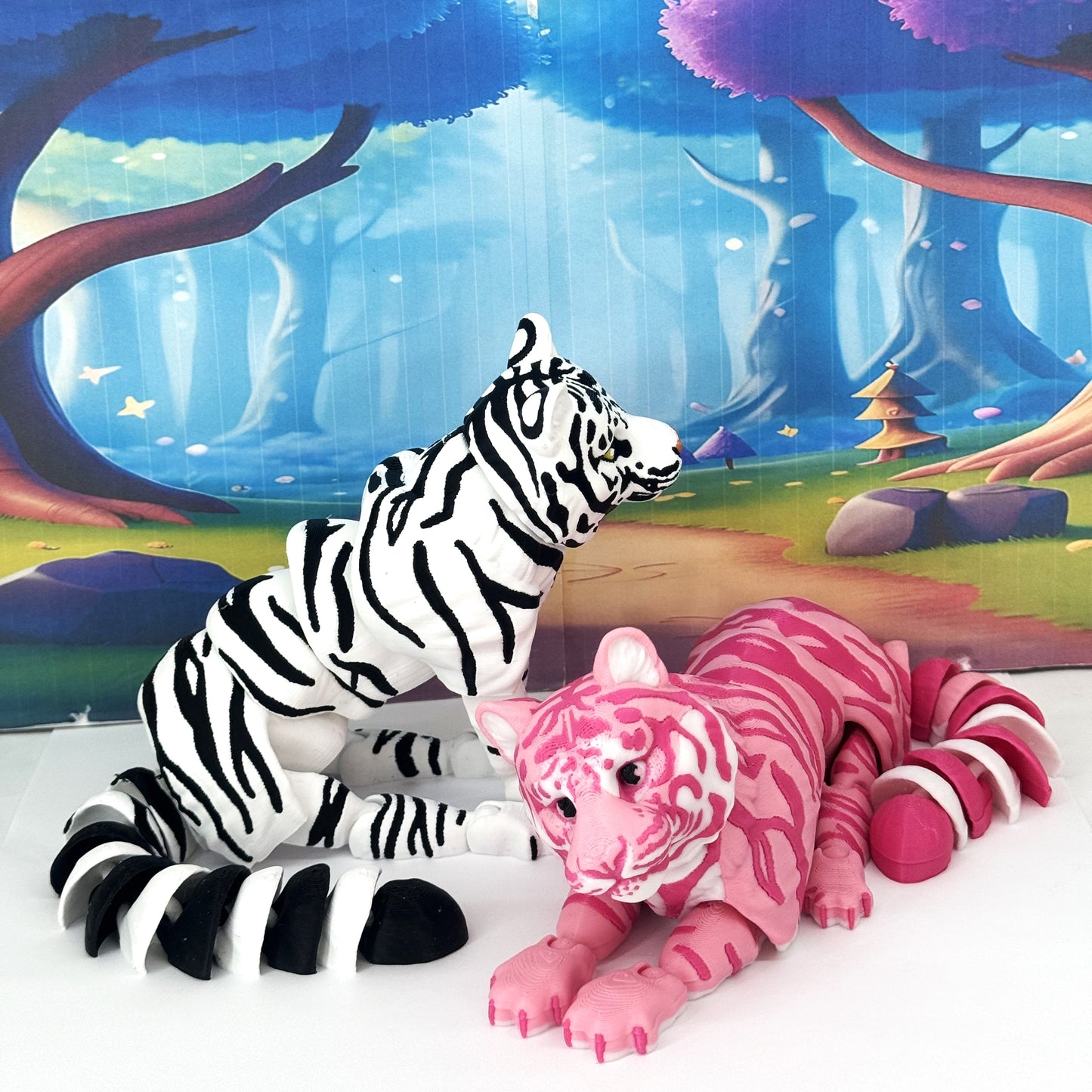 2pcs Articulated 3D Printed Tigers Toy, 12" Wild Animal Creature, Articulated Safari Animal for Home Office Executive Desk Decoration AT001-WHITE-PINK