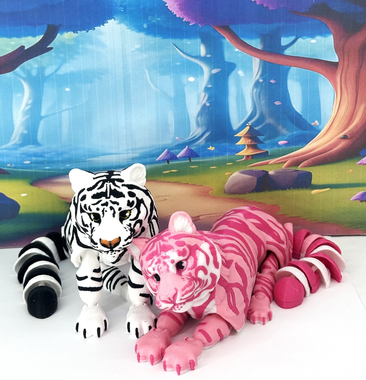 2pcs Articulated 3D Printed Tigers Toy, 12" Wild Animal Creature, Articulated Safari Animal for Home Office Executive Desk Decoration AT001-WHITE-PINK