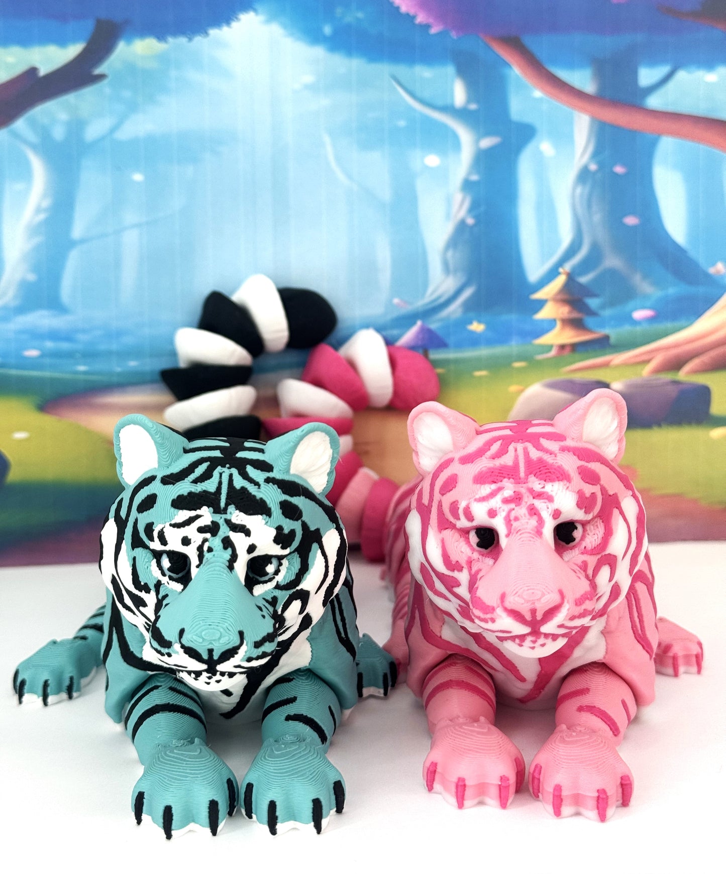 2pcs Articulated 3D Printed Tigers Toy, 12" Wild Animal Creature, Articulated Safari Animal for Home Office Executive Desk Decoration AT001-TEAL-PINK