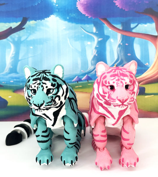 2pcs Articulated 3D Printed Tigers Toy, 12" Wild Animal Creature, Articulated Safari Animal for Home Office Executive Desk Decoration AT001-TEAL-PINK