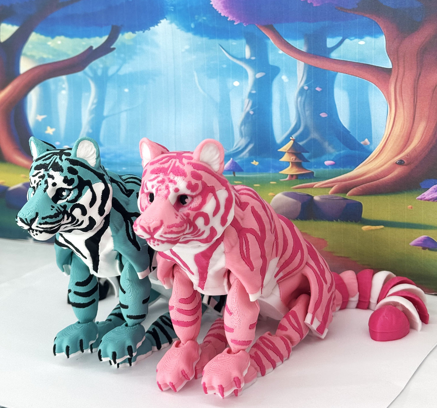 2pcs Articulated 3D Printed Tigers Toy, 12" Wild Animal Creature, Articulated Safari Animal for Home Office Executive Desk Decoration AT001-TEAL-PINK