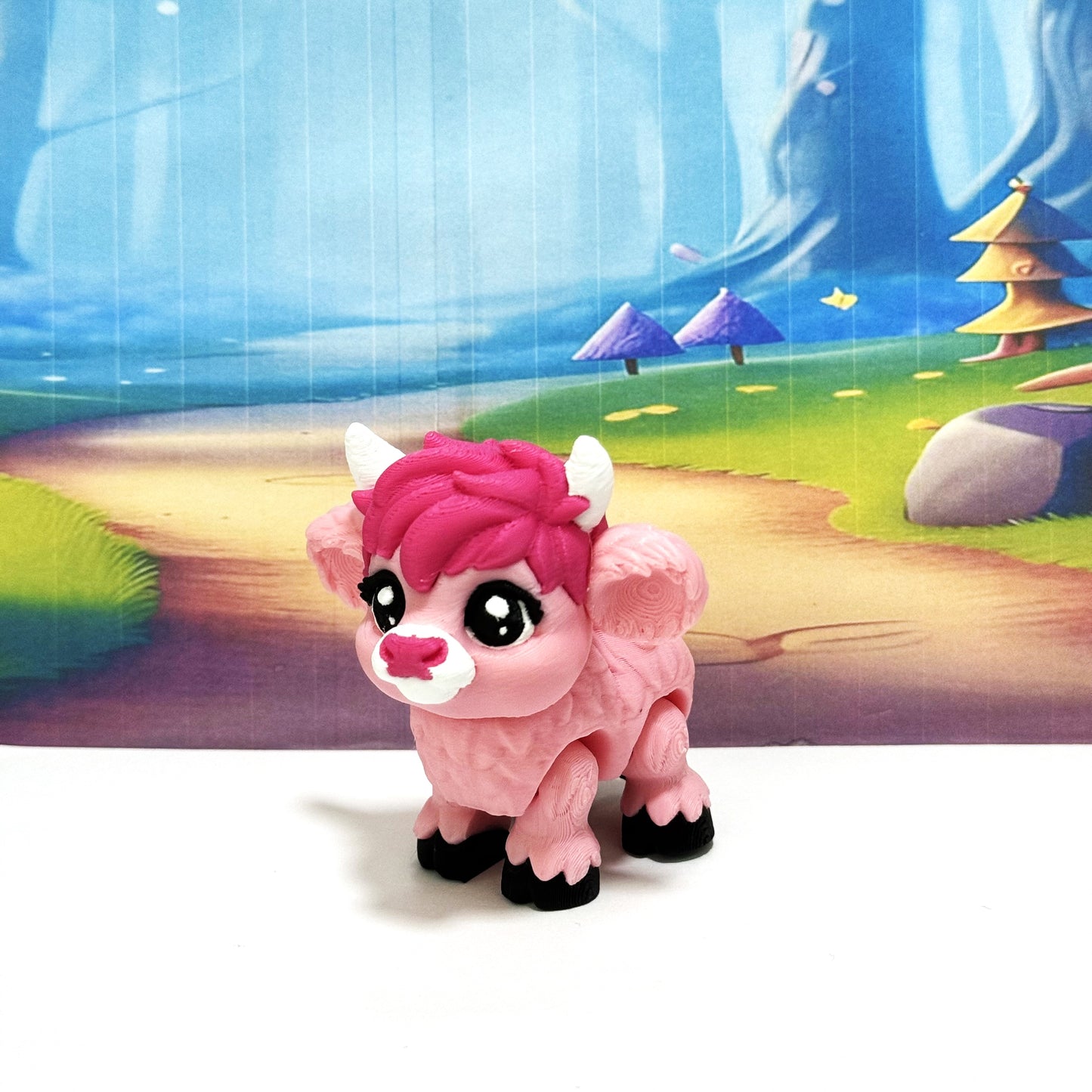 Cute 3D Printed Baby Highland Cow Figures, Articulated Farm Animal Fidget Toy Party Decorations BHC002-PINK