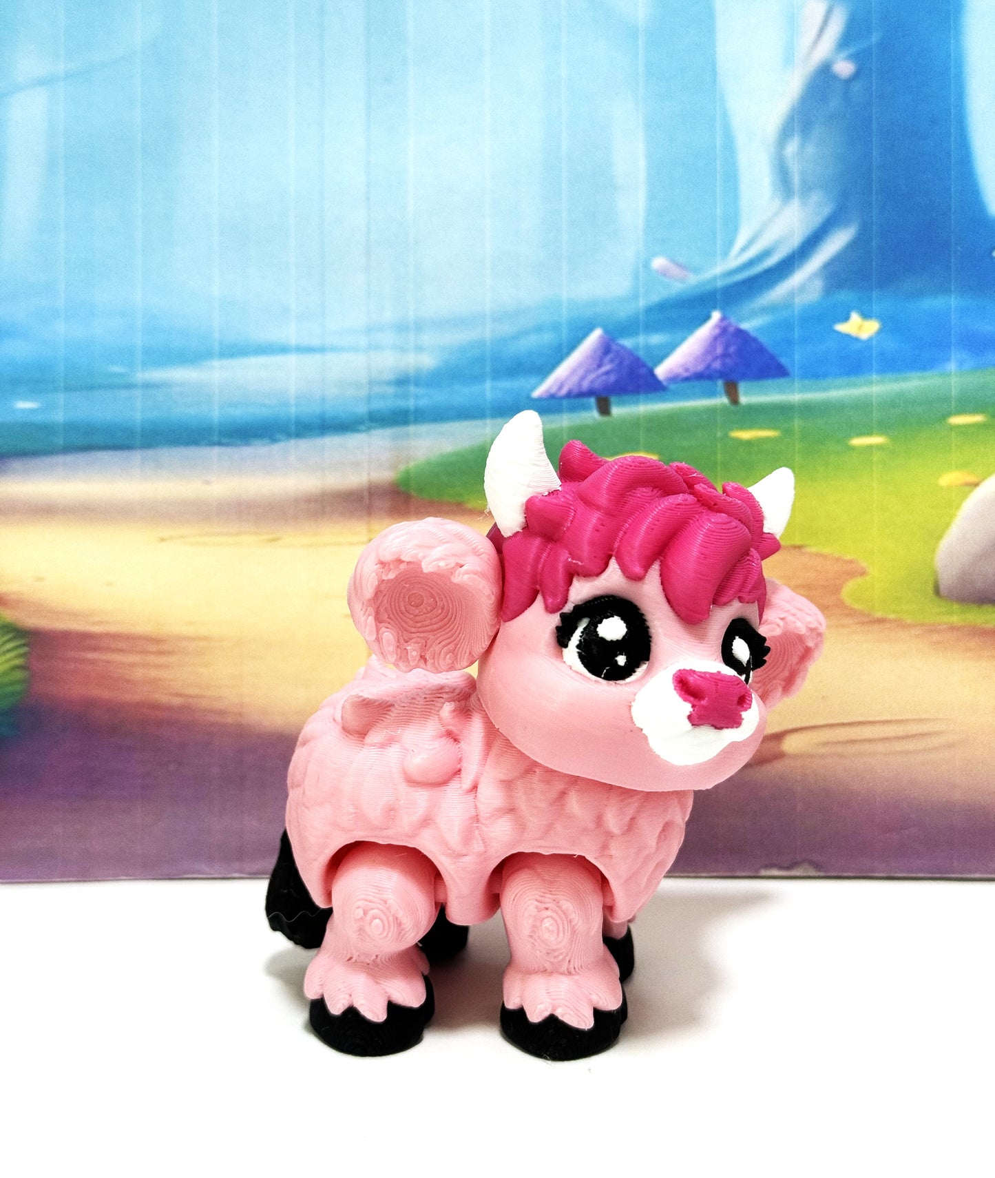 Cute 3D Printed Baby Highland Cow Figures, Articulated Farm Animal Fidget Toy Party Decorations BHC002-PINK