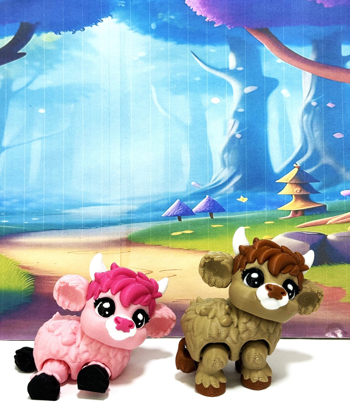 2pcs Cute 3D Printed Baby Highland Cow Figures, Articulated Farm Animal Fidget Toy Party Decorations BHC002-BROWN-PINK