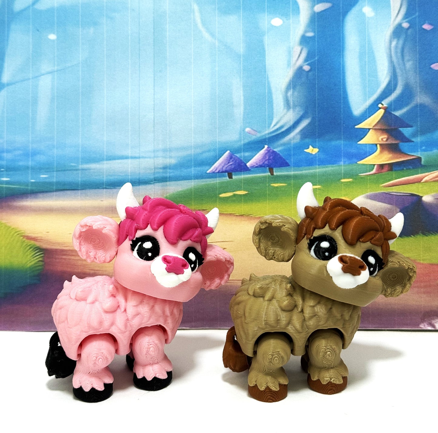 2pcs Cute 3D Printed Baby Highland Cow Figures, Articulated Farm Animal Fidget Toy Party Decorations BHC002-BROWN-PINK