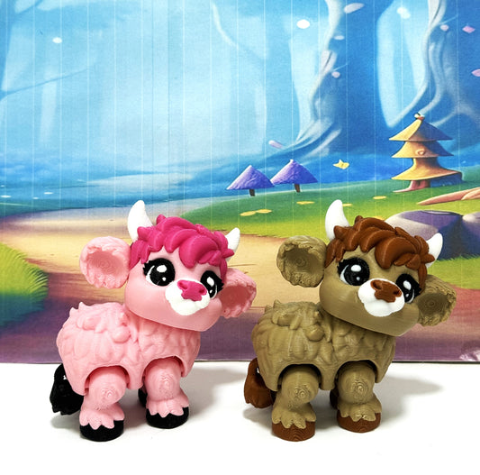 2pcs Cute 3D Printed Baby Highland Cow Figures, Articulated Farm Animal Fidget Toy Party Decorations BHC002-BROWN-PINK