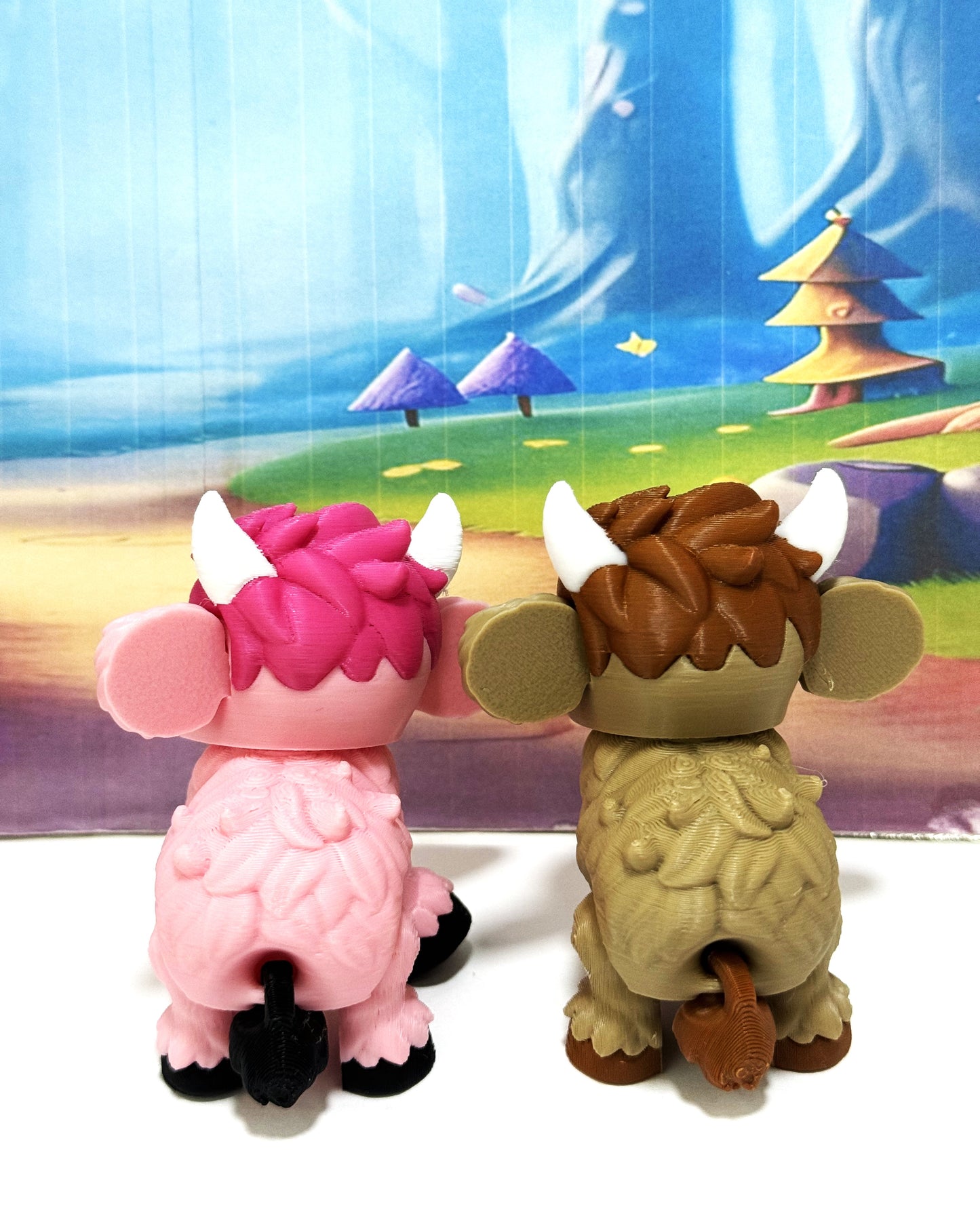 2pcs Cute 3D Printed Baby Highland Cow Figures, Articulated Farm Animal Fidget Toy Party Decorations BHC002-BROWN-PINK
