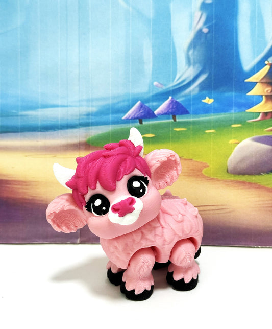 Cute 3D Printed Baby Highland Cow Figures, Articulated Farm Animal Fidget Toy Party Decorations BHC002-PINK