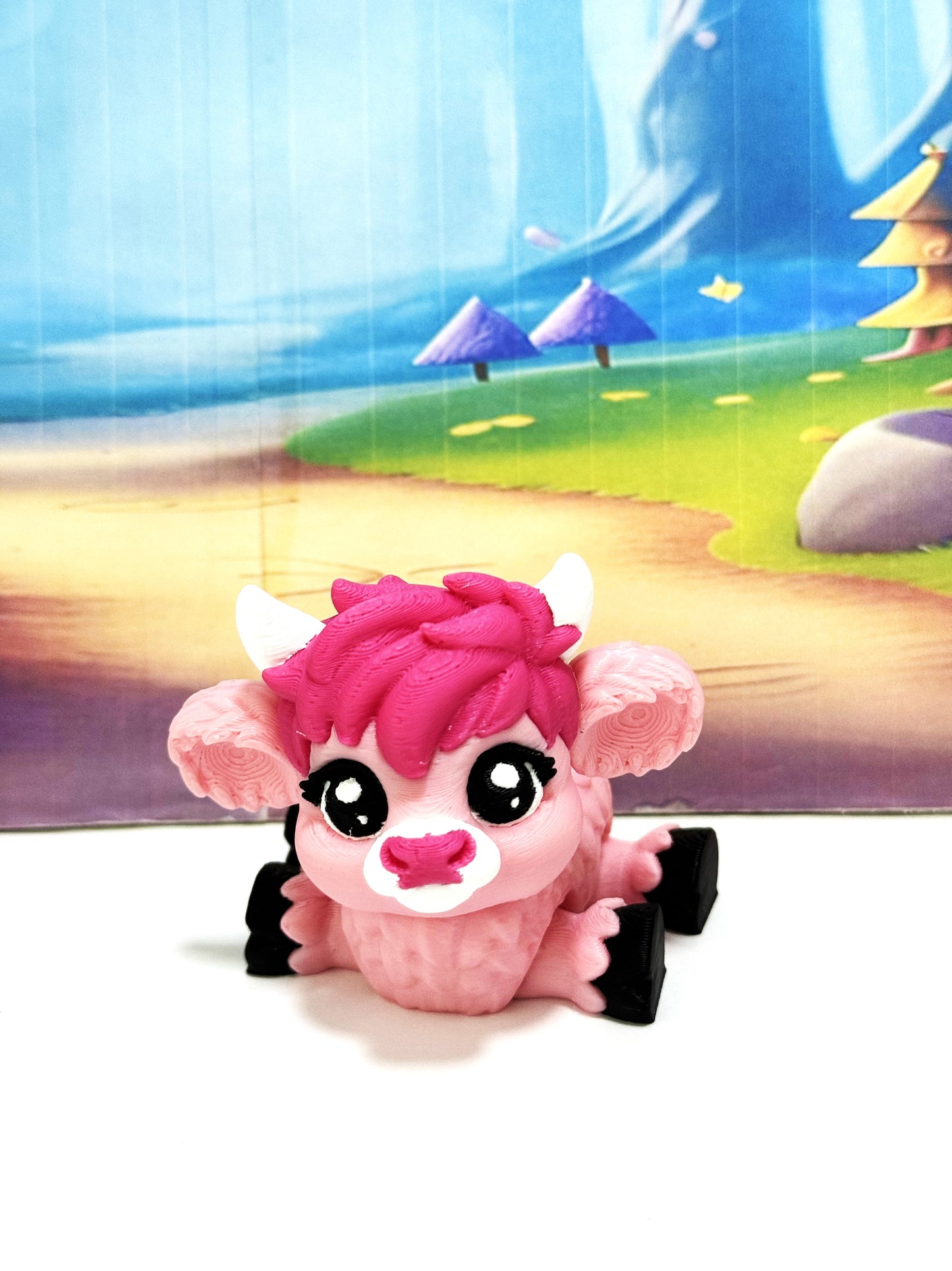 Cute 3D Printed Baby Highland Cow Figures, Articulated Farm Animal Fidget Toy Party Decorations BHC002-PINK