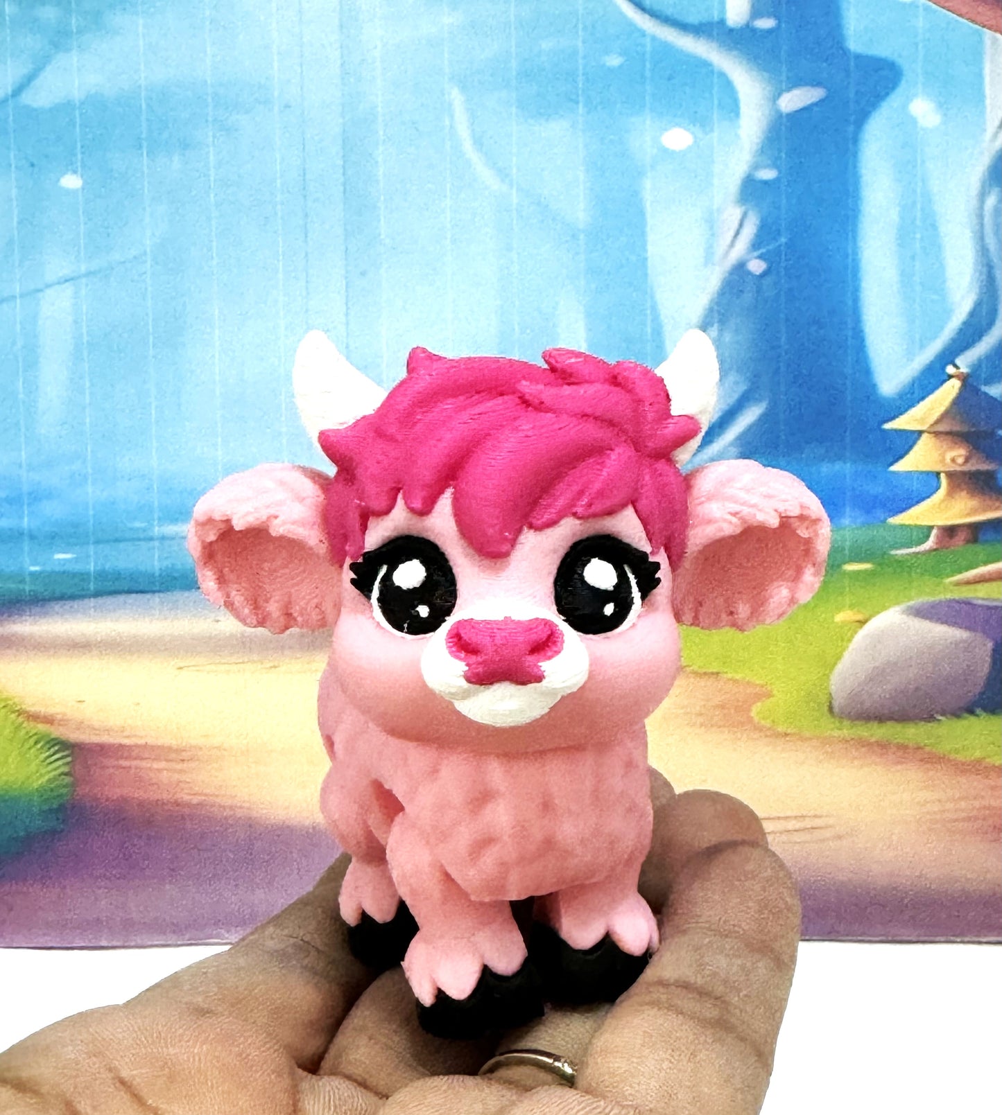 3D Printed Articulated Baby Highland Cow Figures, Farm Animal Fidget Toy Party Decorations BHC002-PINK-BLUEMC