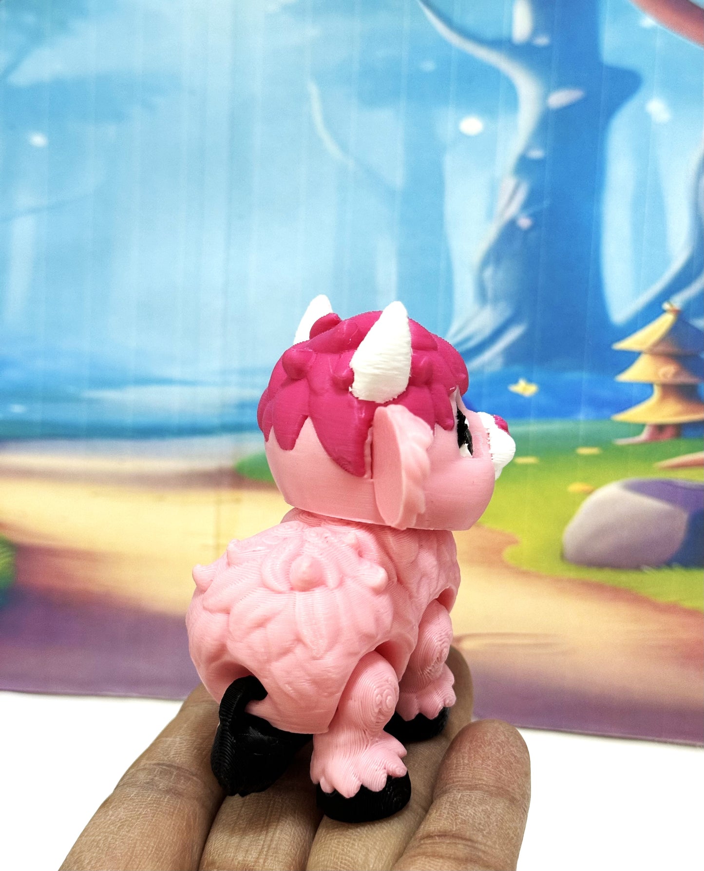 3D Printed Articulated Baby Highland Cow Figures, Farm Animal Fidget Toy Party Decorations BHC002-PINK-REDMC
