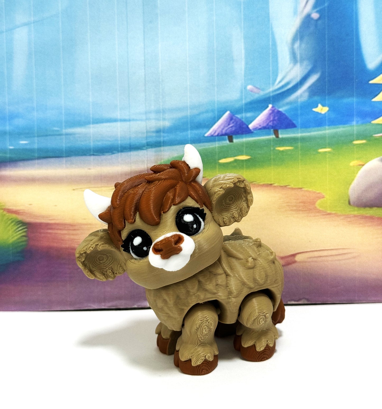 3D Printed Articulated Baby Highland Cow Figures, Farm Animal Fidget Toy Party Decorations BHC002-BROWN-BLUEMC