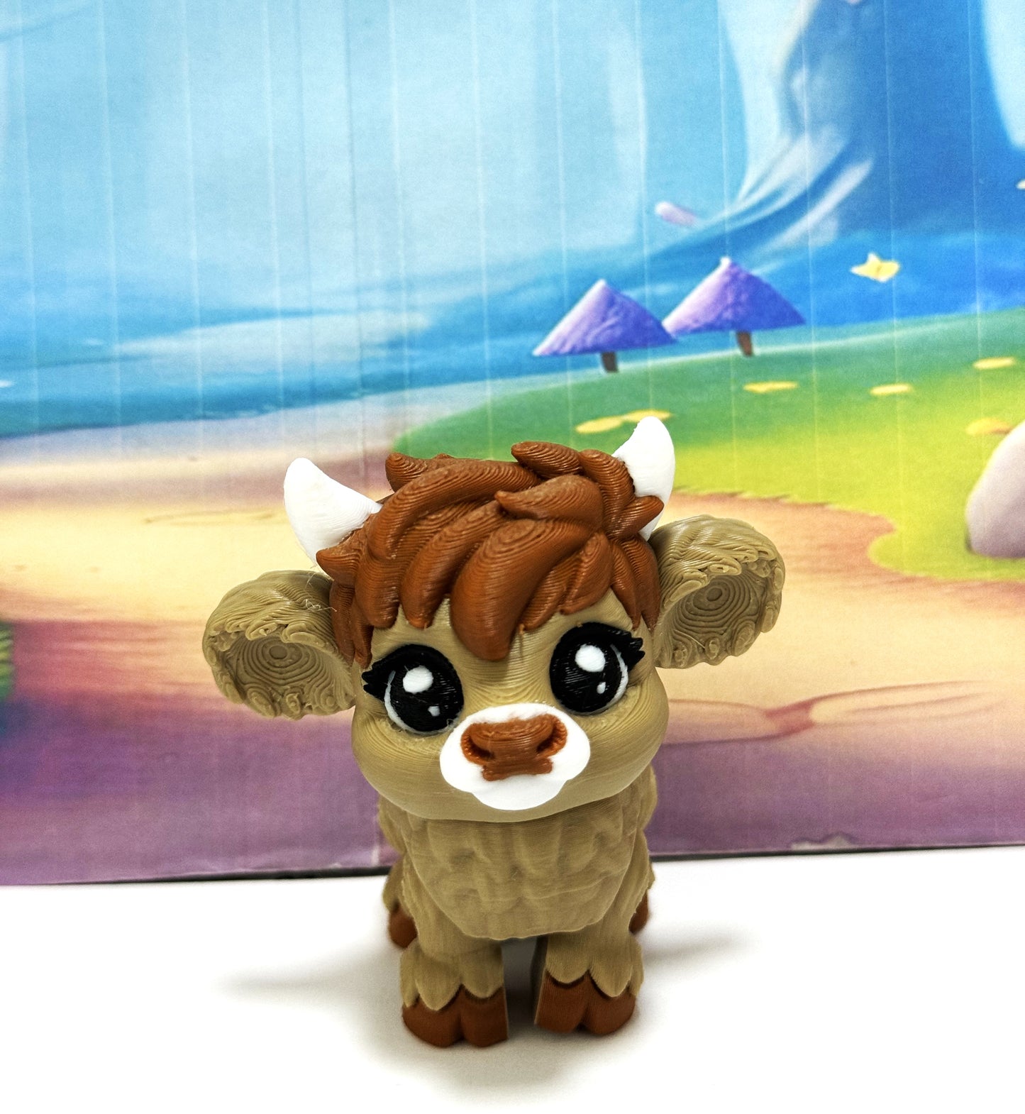 2pcs Cute 3D Printed Baby Highland Cow Figures, Articulated Farm Animal Fidget Toy Party Decorations BHC002-BROWN-PINK
