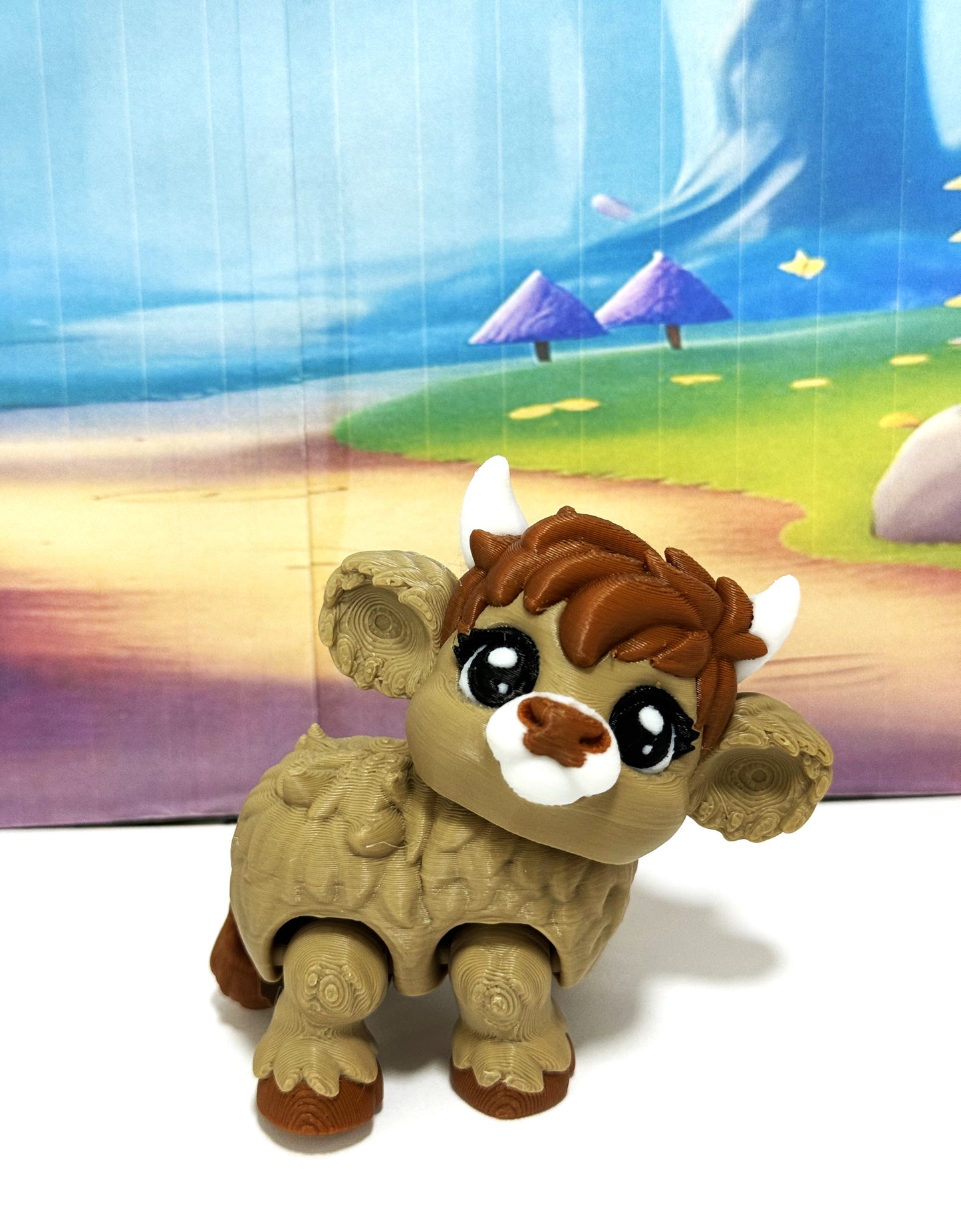 2pcs Cute 3D Printed Baby Highland Cow Figures, Articulated Farm Animal Fidget Toy Party Decorations BHC002-BROWN-PINK