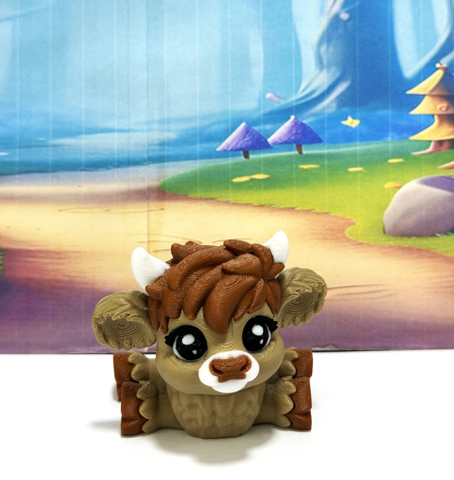 3D Printed Articulated Baby Highland Cow Figures, Farm Animal Fidget Toy Party Decorations BHC002-BROWN-BLUEMC