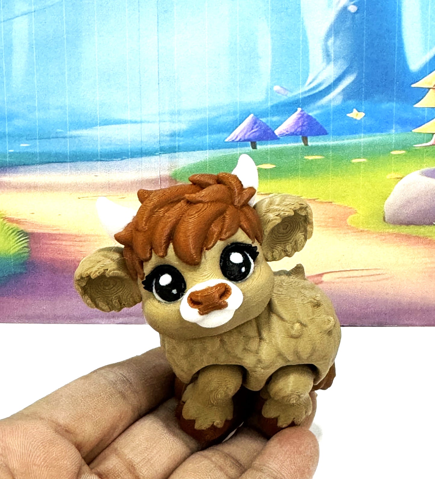 3D Printed Articulated Baby Highland Cow Figures, Farm Animal Fidget Toy Party Decorations BHC002-BROWN-BLUEMC