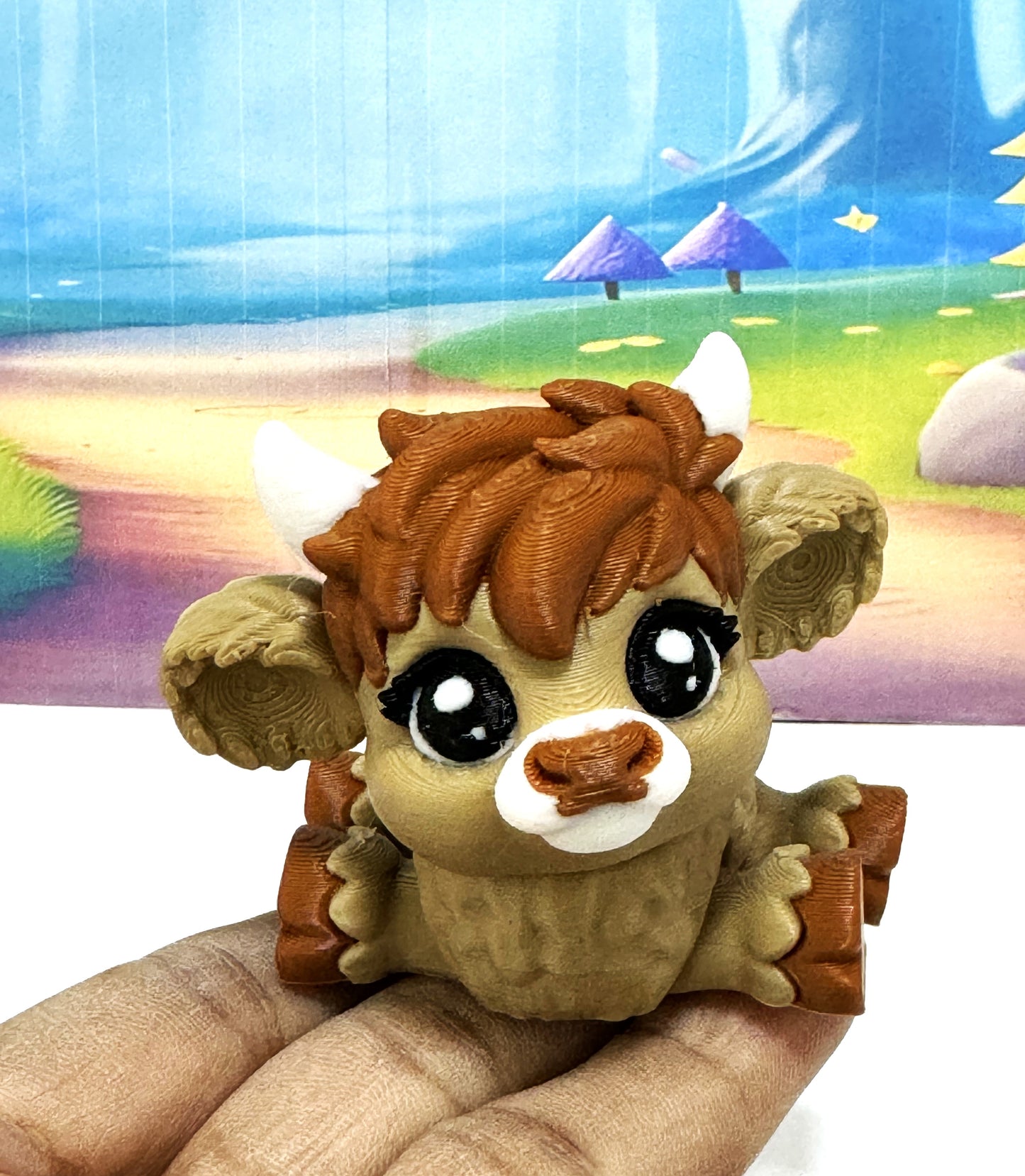 2pcs Cute 3D Printed Baby Highland Cow Figures, Articulated Farm Animal Fidget Toy Party Decorations BHC002-BROWN-PINK