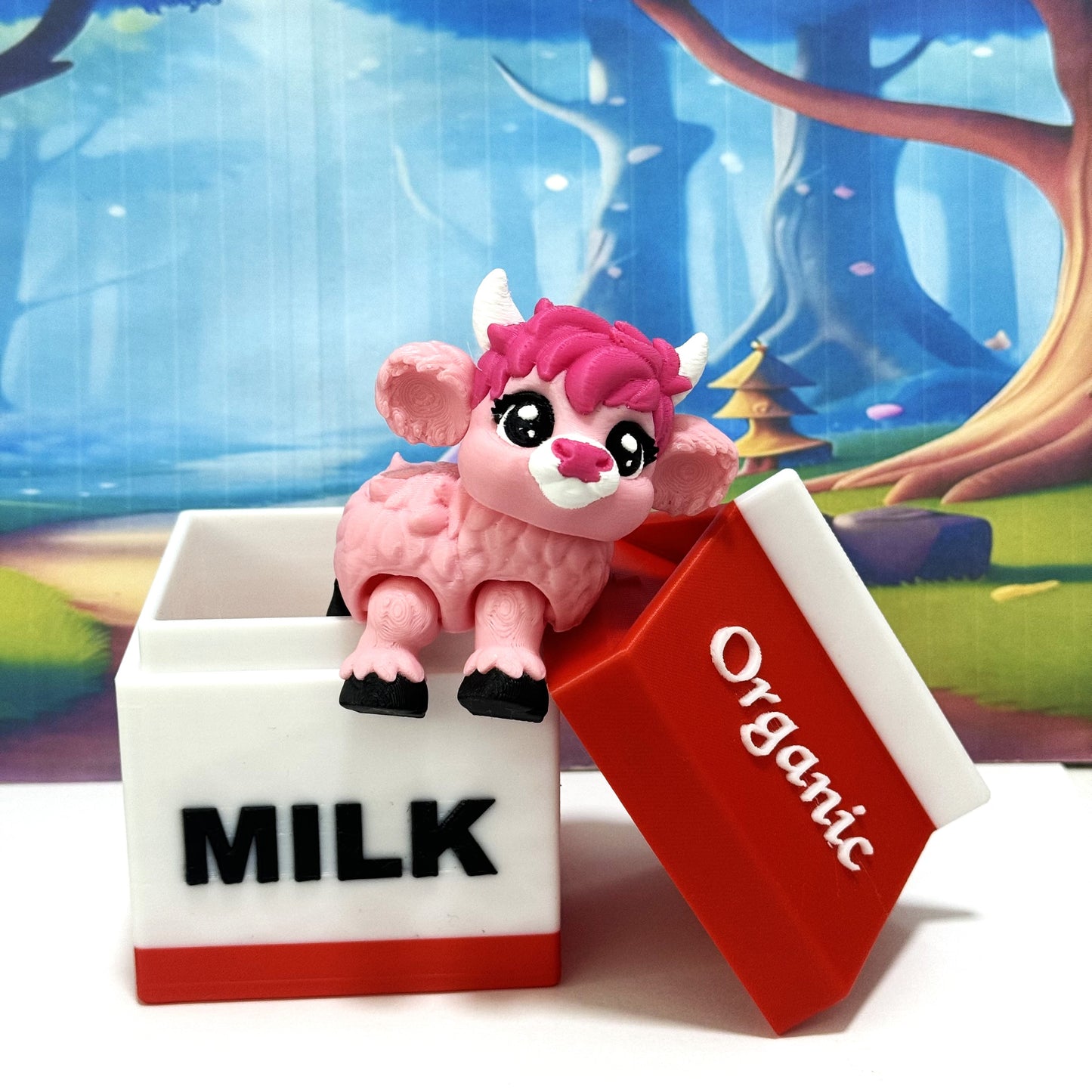 3D Printed Articulated Baby Highland Cow Figures, Farm Animal Fidget Toy Party Decorations BHC002-PINK-REDMC
