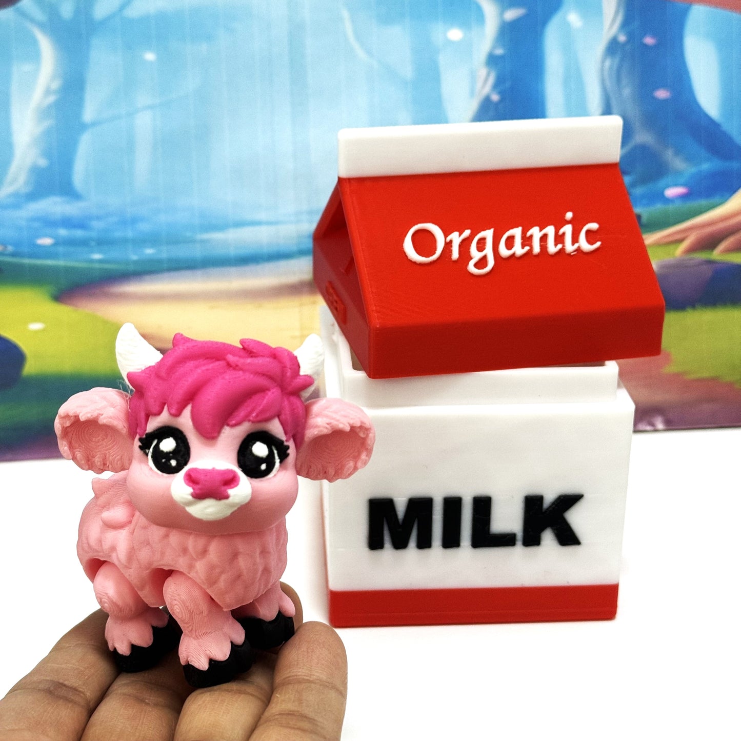 3D Printed Articulated Baby Highland Cow Figures, Farm Animal Fidget Toy Party Decorations BHC002-PINK-REDMC