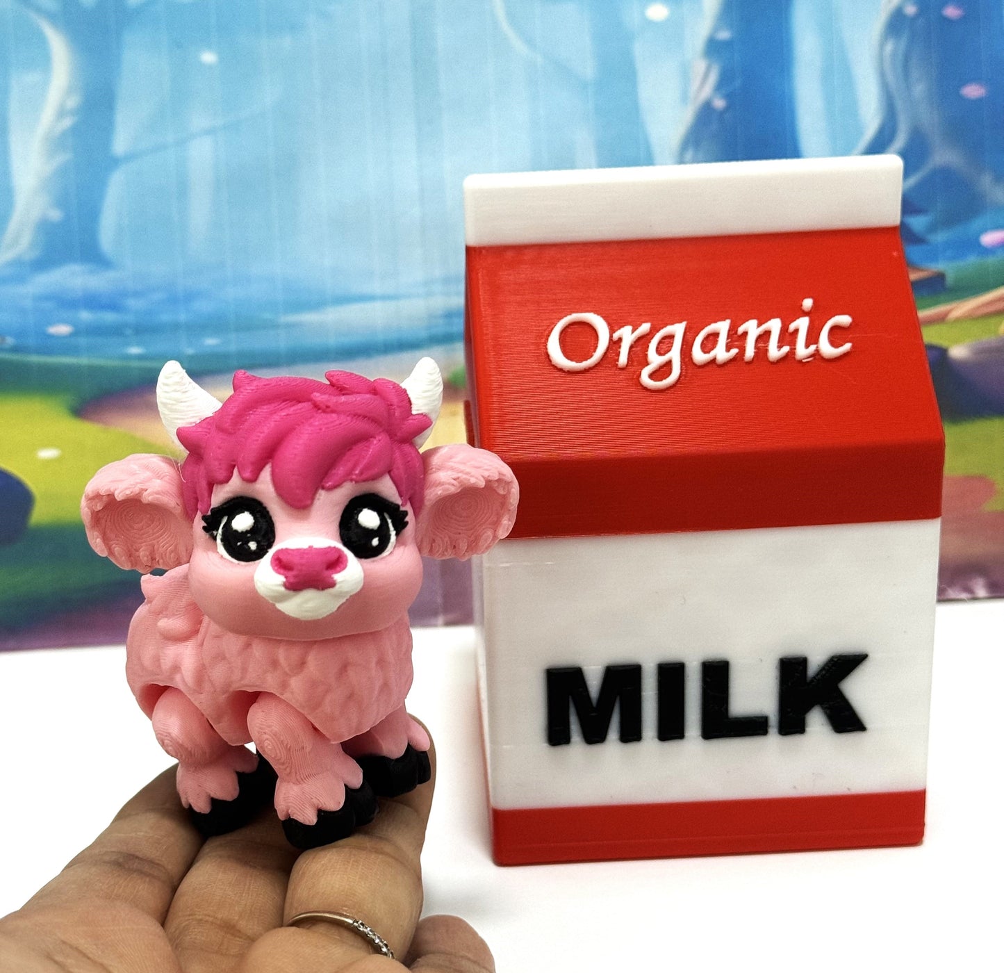 3D Printed Articulated Baby Highland Cow Figures, Farm Animal Fidget Toy Party Decorations BHC002-PINK-REDMC