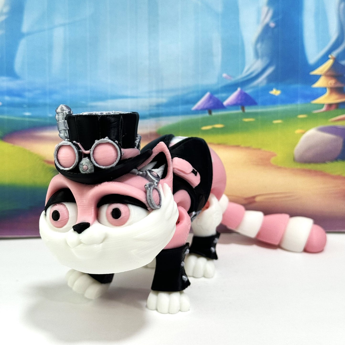 3D Printed Articulated Striped Cat or Steampunk Cat Figurine, 8 Inches Posable Cat Figure ASPCAT-PINK