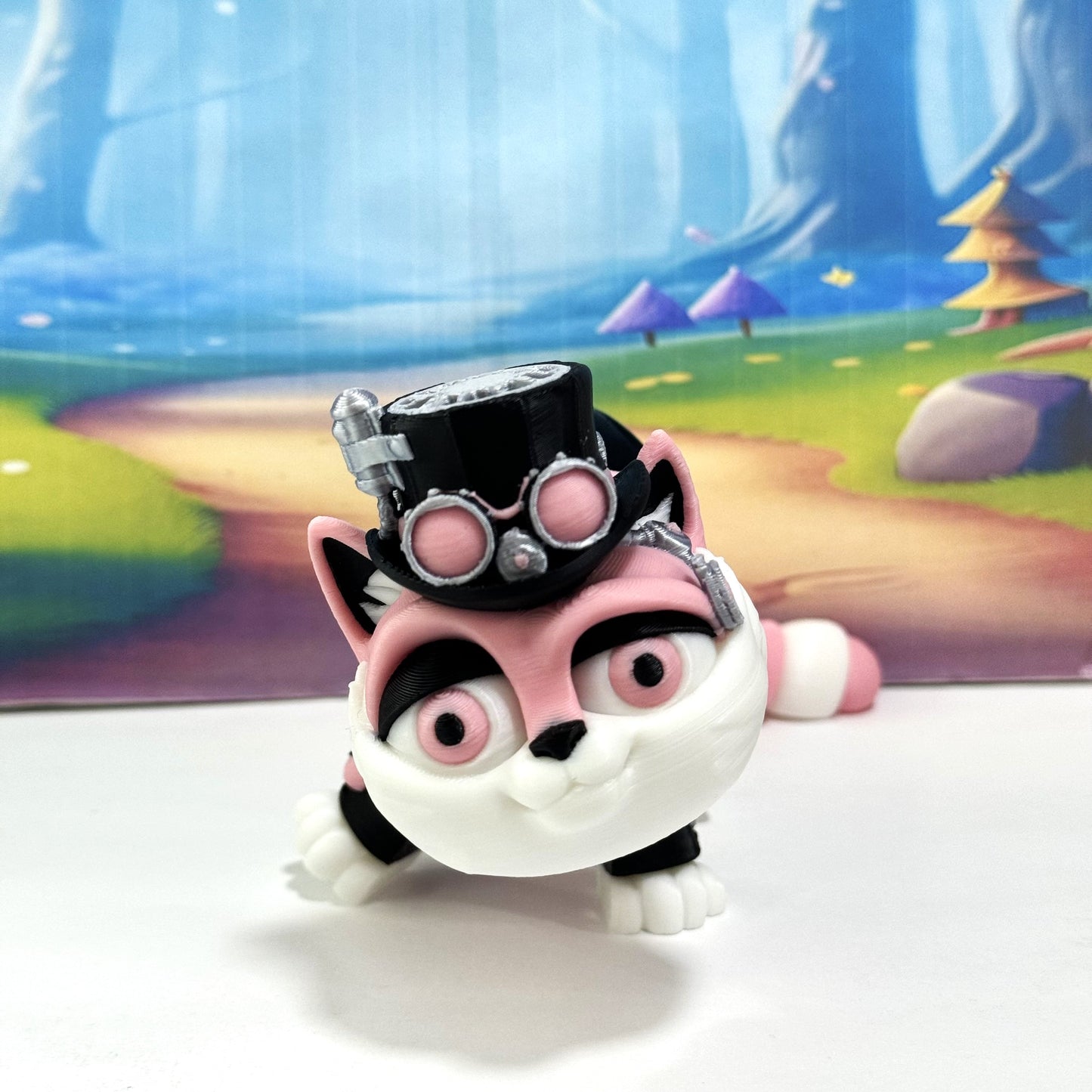 3D Printed Articulated Striped Cat or Steampunk Cat Figurine, 8 Inches Posable Cat Figure ASPCAT-PINK