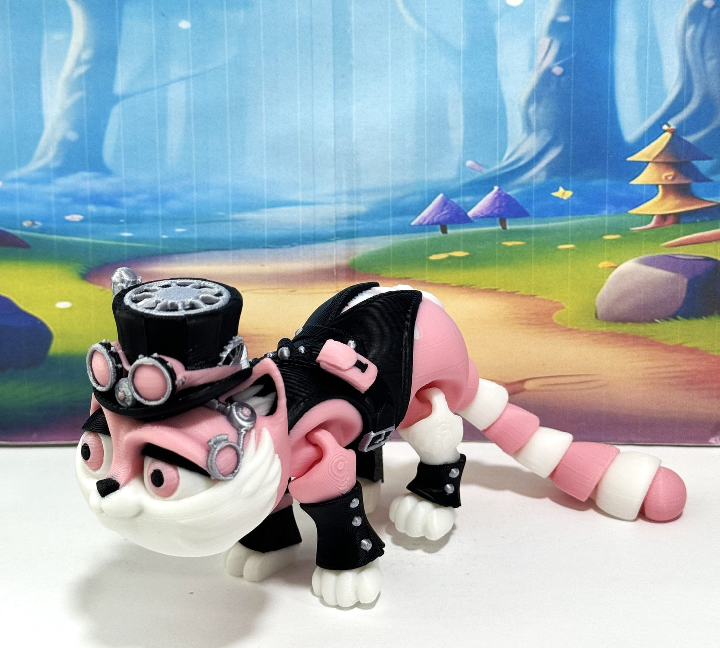 3D Printed Articulated Striped Cat or Steampunk Cat Figurine, 8 Inches Posable Cat Figure ASPCAT-PINK