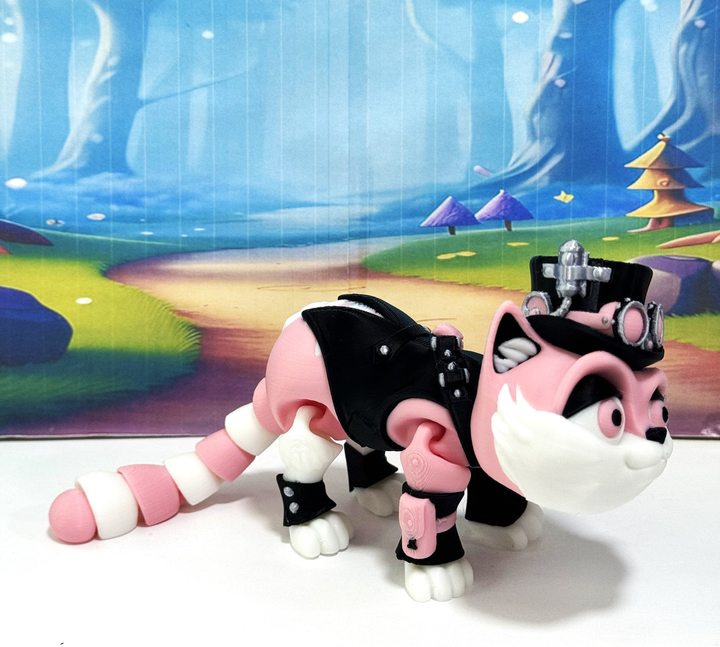 3D Printed Articulated Striped Cat or Steampunk Cat Figurine, 8 Inches Posable Cat Figure ASPCAT-PINK