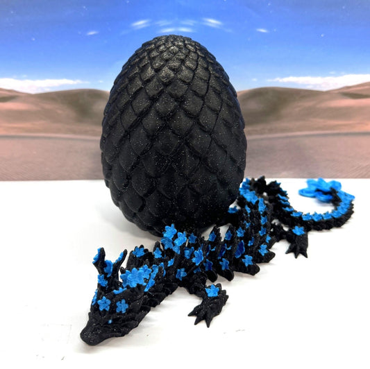 3D Printed Dragon with Egg, Articulated Black an Blue Cherry Blossom Dragon, Fidget ADHD Dragon Toy - D053