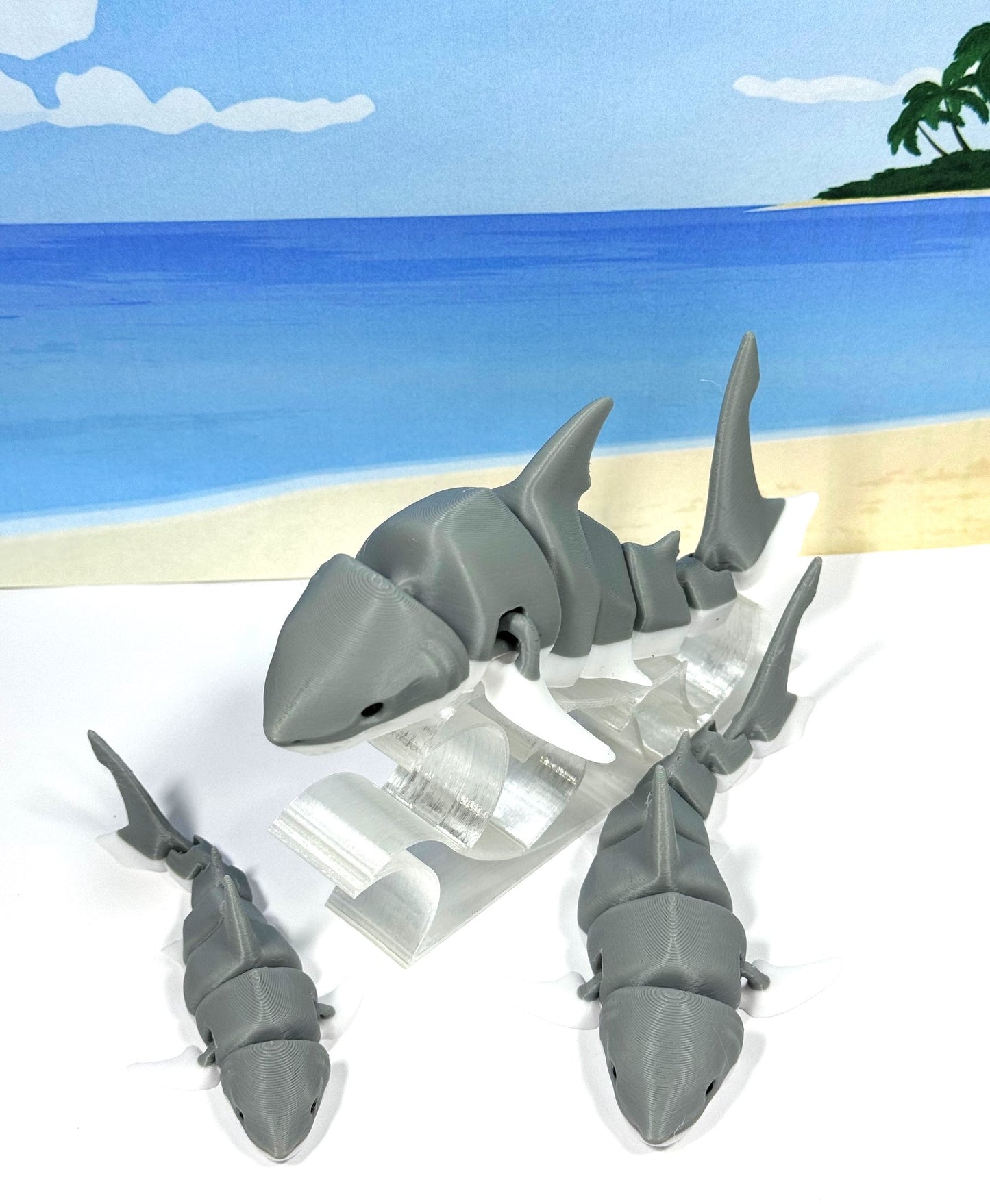 3pcs 3D Printed Sharks, Small Medium Large Articulated Shark Toy, Sea Creatures Fidget Toy, Executive Desk Decor- ASHARK-SET-GRAY