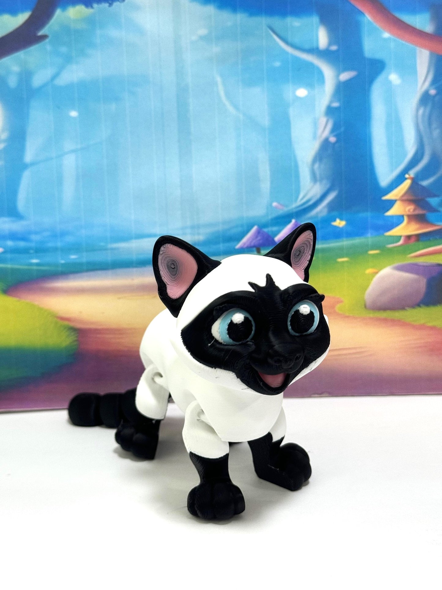 Siamese Cat Figurine 3.5 Inches Black and White Cat 3D Printed Posable Fidget Toy Gift for Cat Lover ASC001-WHITE