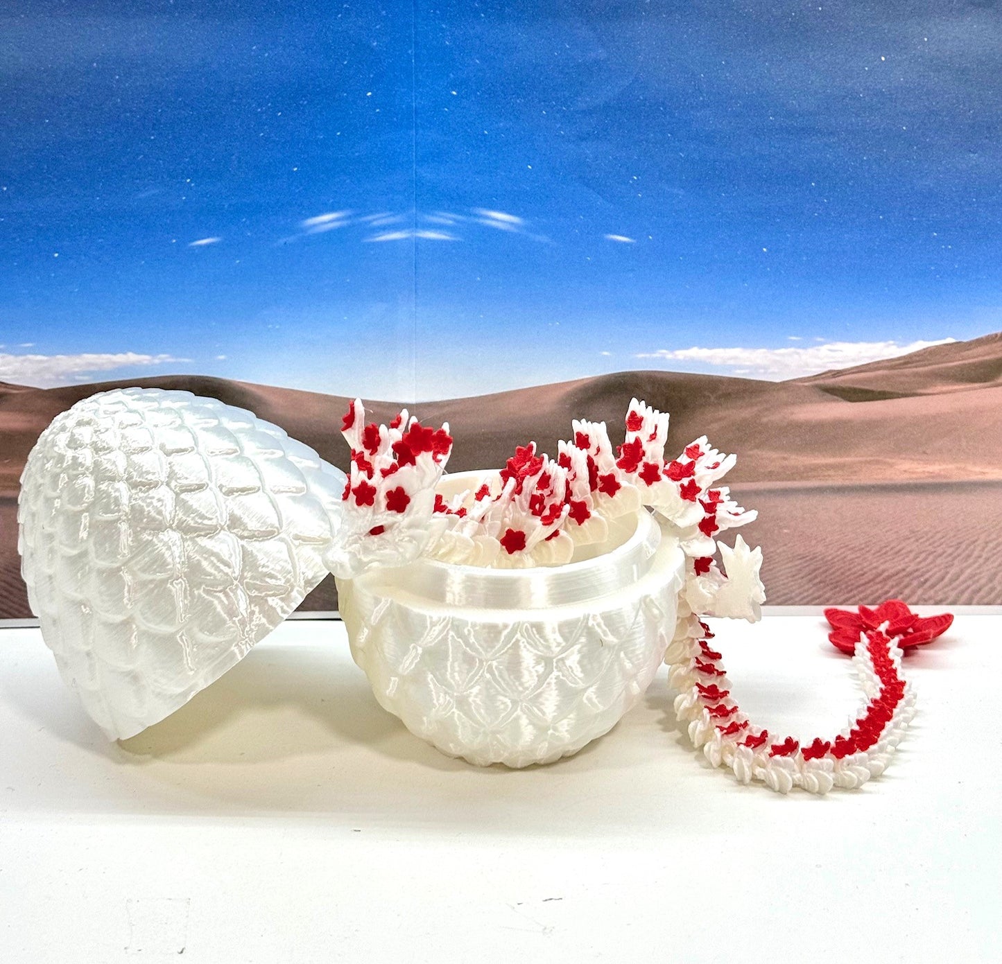 3D Printed Dragon with Egg, Articulated White and Red Cherry Blossom  Dragon, Fidget ADHD Dragon Toy - D054