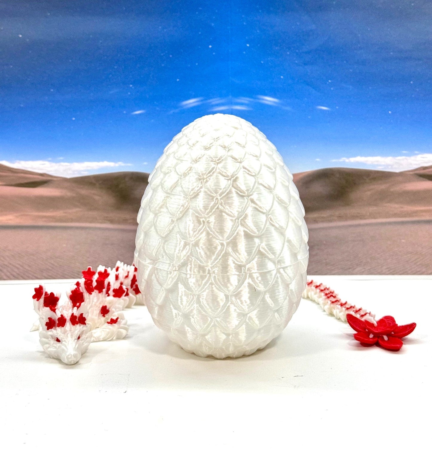 3D Printed Dragon with Egg, Articulated White and Red Cherry Blossom  Dragon, Fidget ADHD Dragon Toy - D054