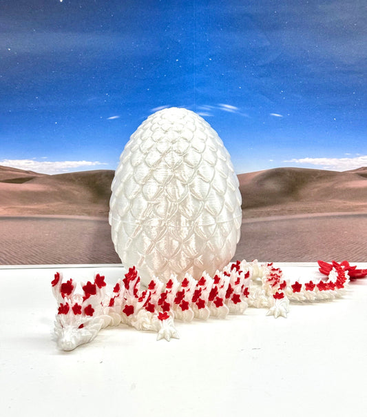 3D Printed Dragon with Egg, Articulated White and Red Cherry Blossom  Dragon, Fidget ADHD Dragon Toy - D054