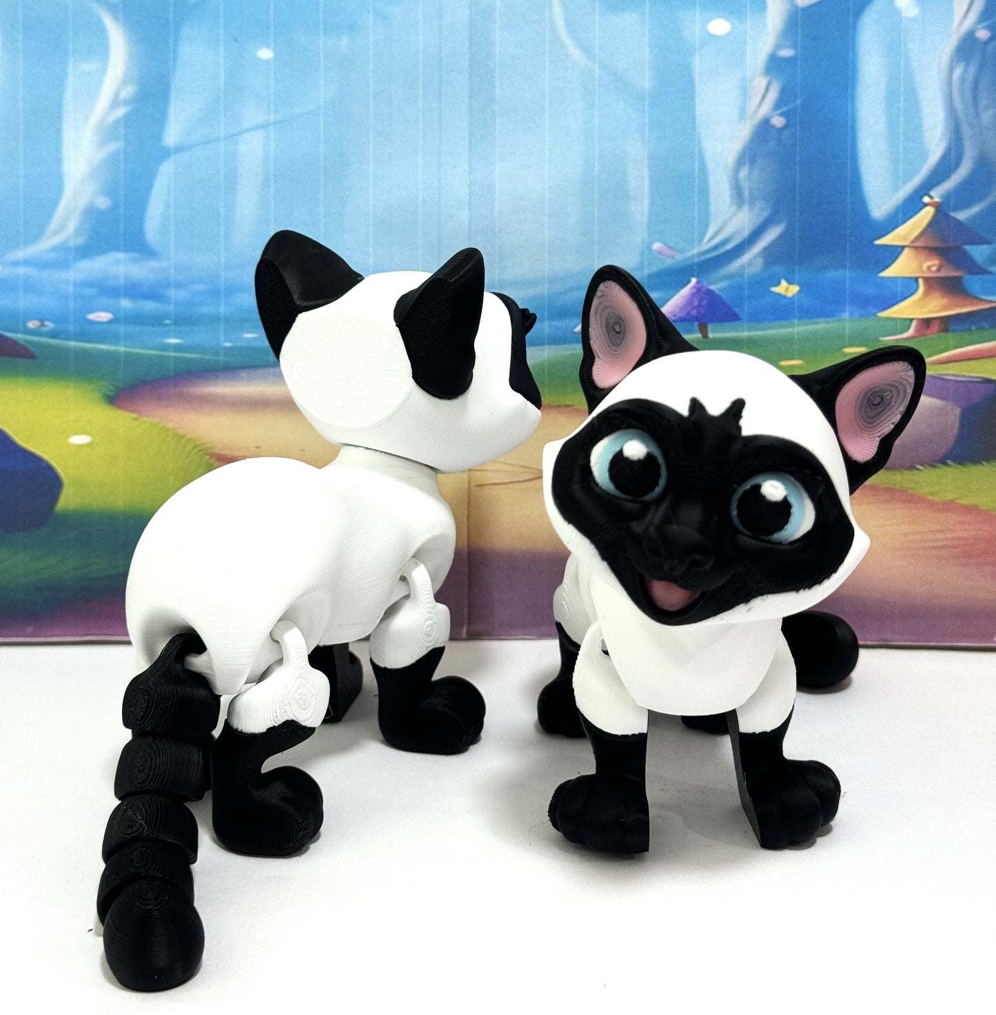 2pcs Siamese Cat Figurine 3.5 Inches Black and White Cat 3D Printed Posable Fidget Toy Gift for Cat Lover ASC001-WHITE-2x