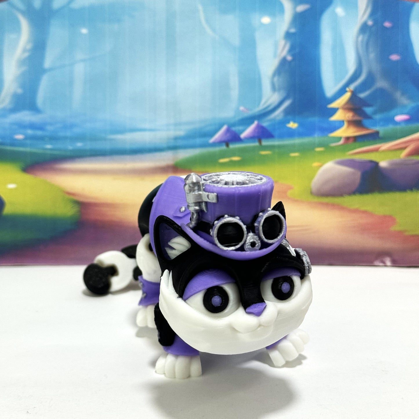3D Printed Articulated Steampunk Cat Figurine, 8 Inches Purple Posable Cat Figure ASPCAT-PURPLE