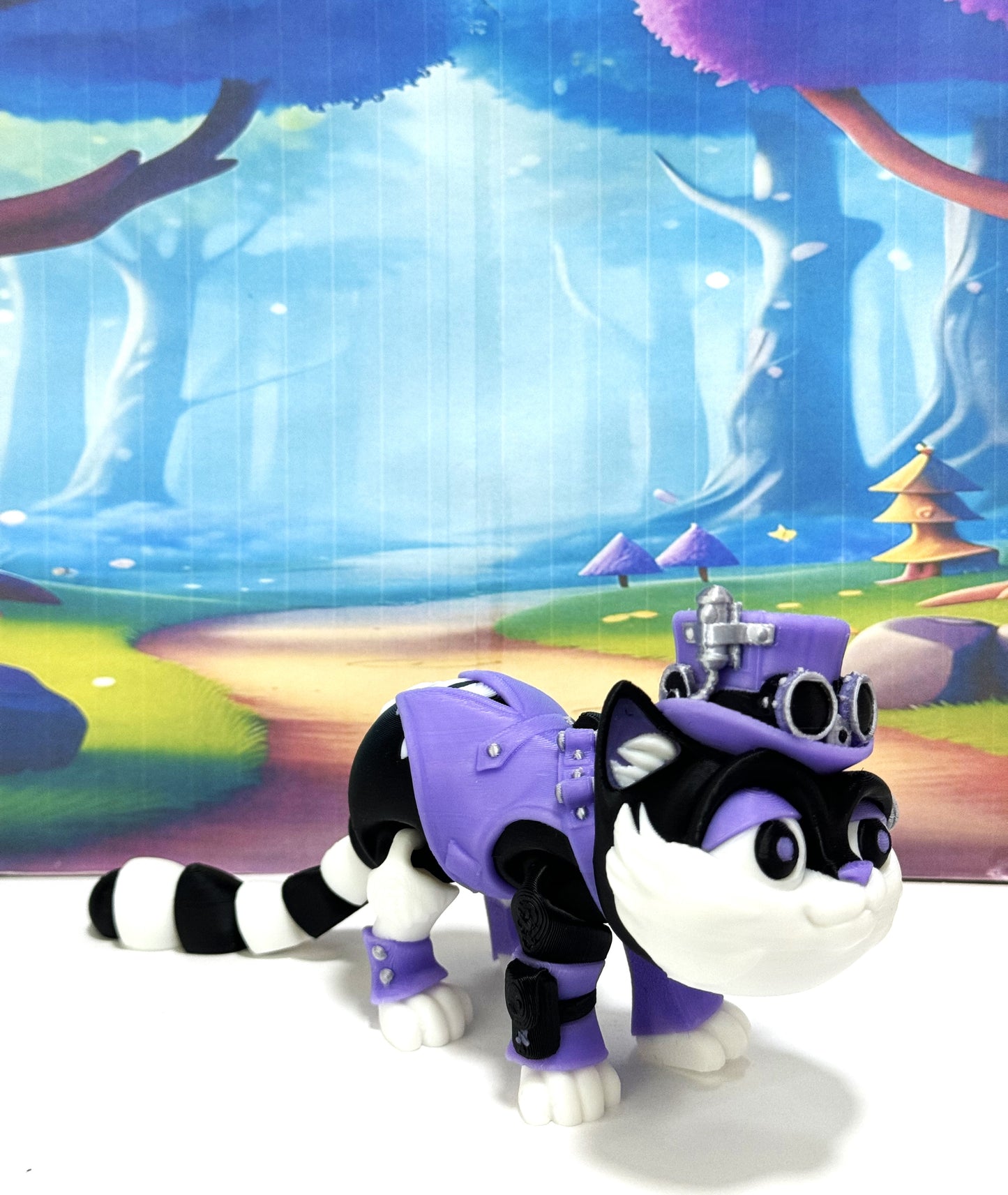 3D Printed Articulated Steampunk Cat Figurine, 8 Inches Purple Posable Cat Figure ASPCAT-PURPLE