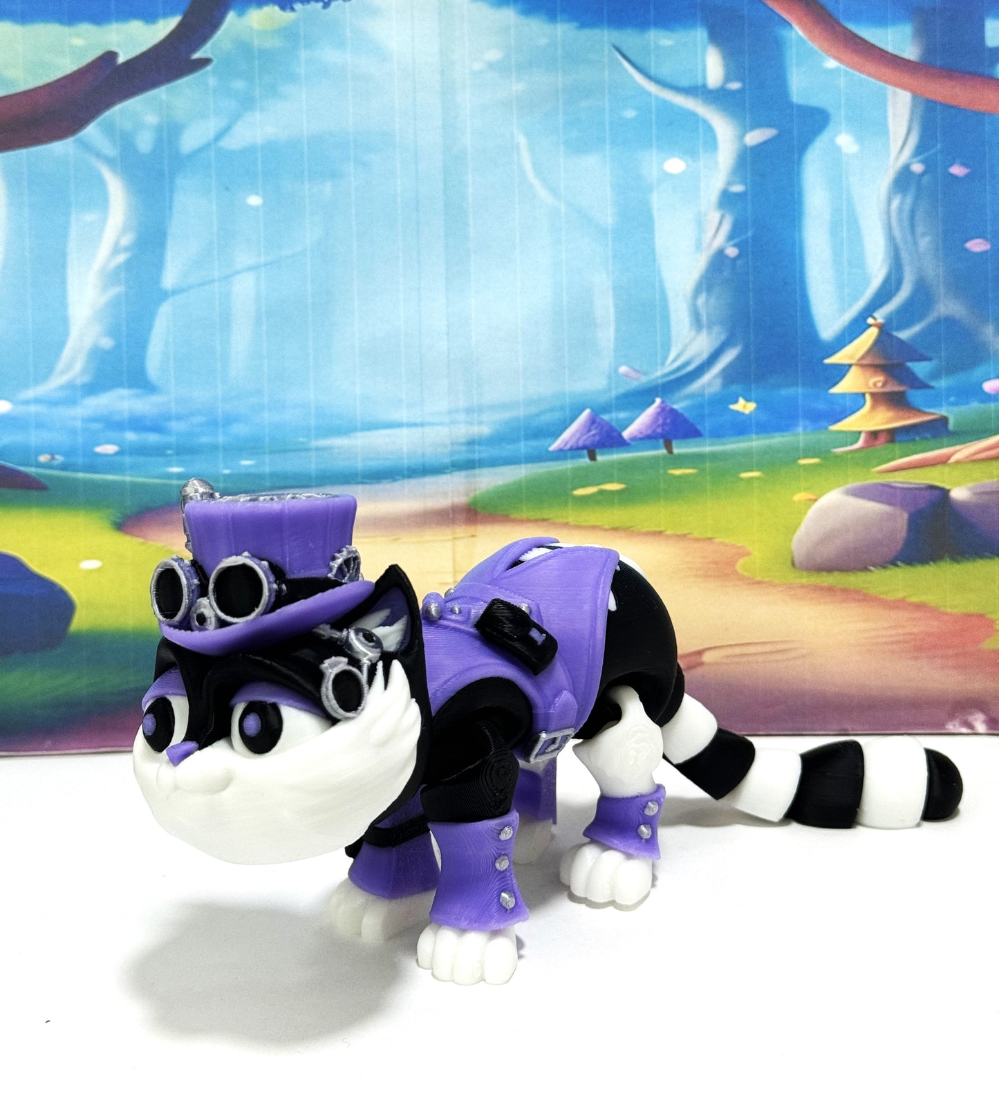 3D Printed Articulated Steampunk Cat Figurine, 8 Inches Purple Posable Cat Figure ASPCAT-PURPLE