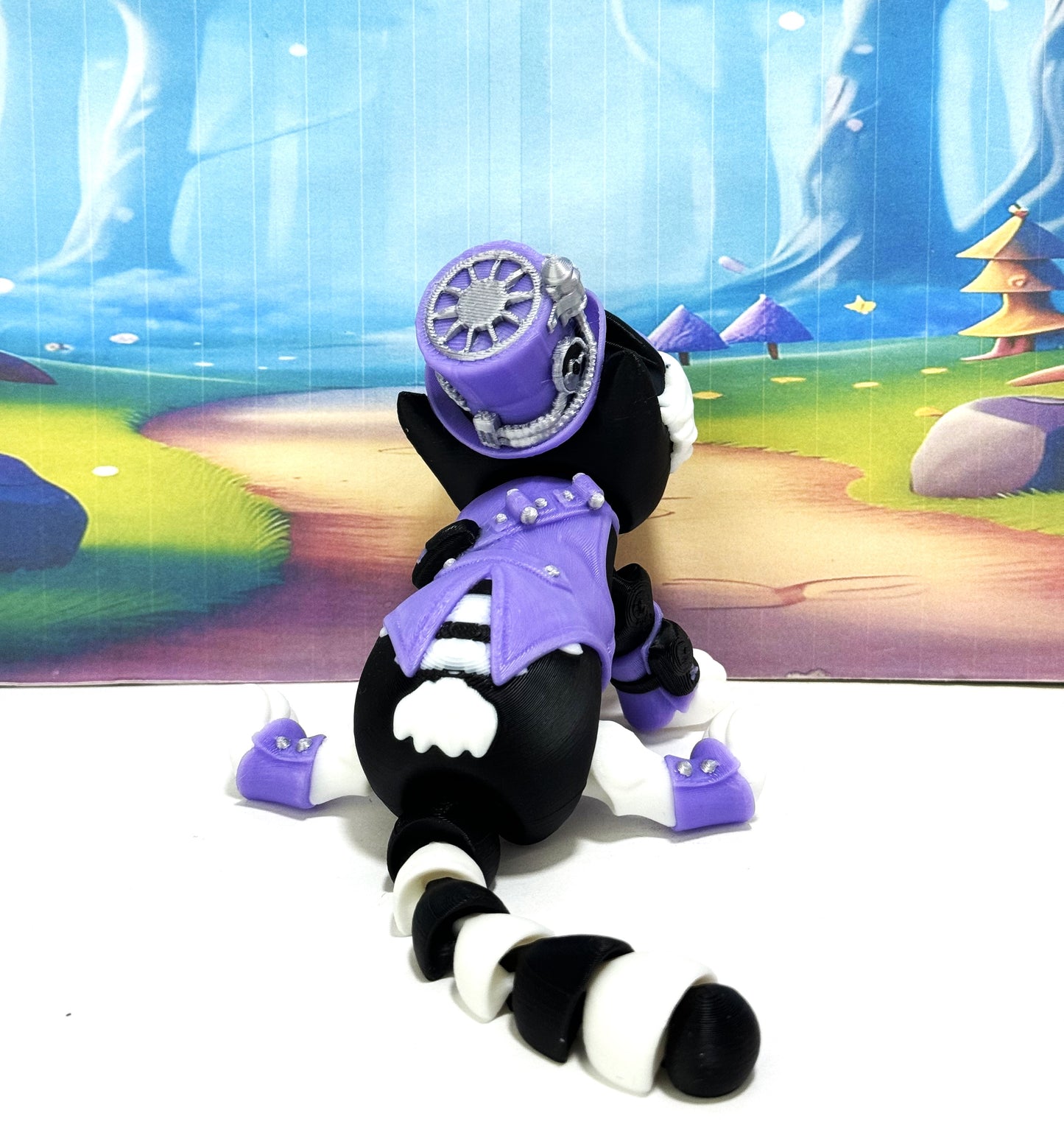 3D Printed Articulated Steampunk Cat Figurine, 8 Inches Purple Posable Cat Figure ASPCAT-PURPLE
