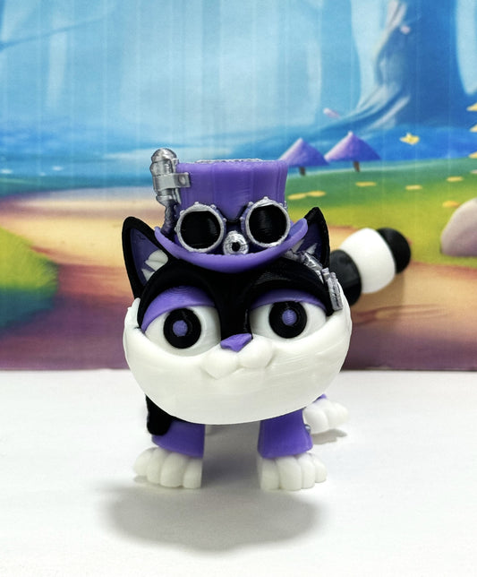 3D Printed Articulated Steampunk Cat Figurine, 8 Inches Purple Posable Cat Figure ASPCAT-PURPLE