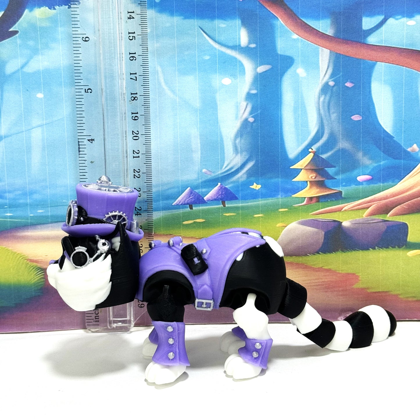 3D Printed Articulated Steampunk Cat Figurine, 8 Inches Purple Posable Cat Figure ASPCAT-PURPLE