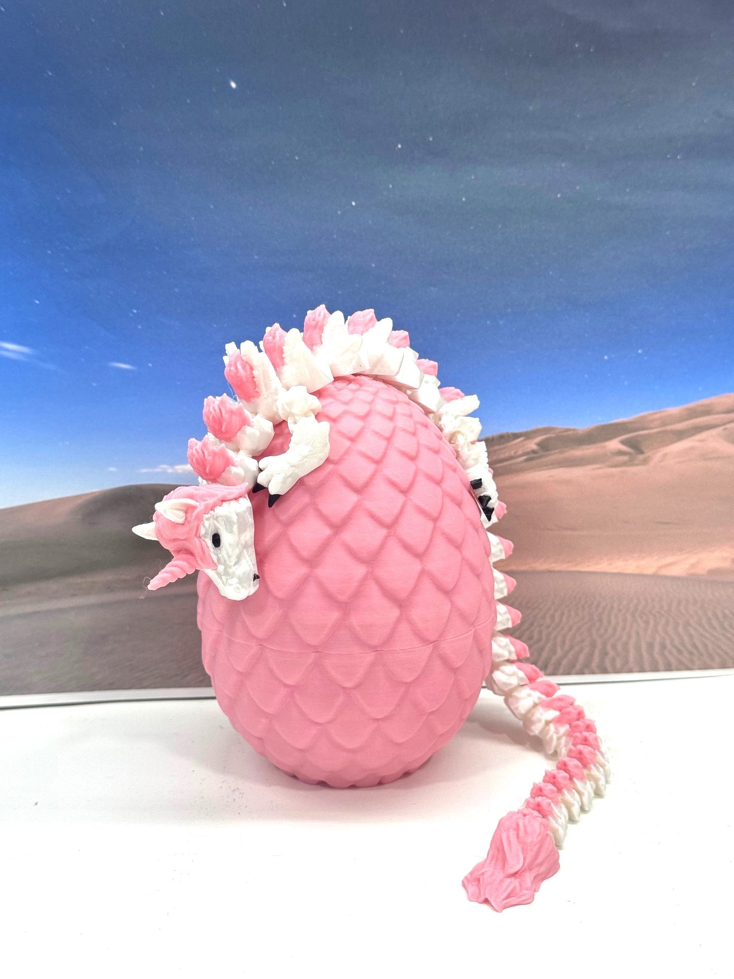 3D Printed Dragon with Egg, Articulated White and Pink Unicorn Dragon, Fidget ADHD Dragon Toy - D061-PE