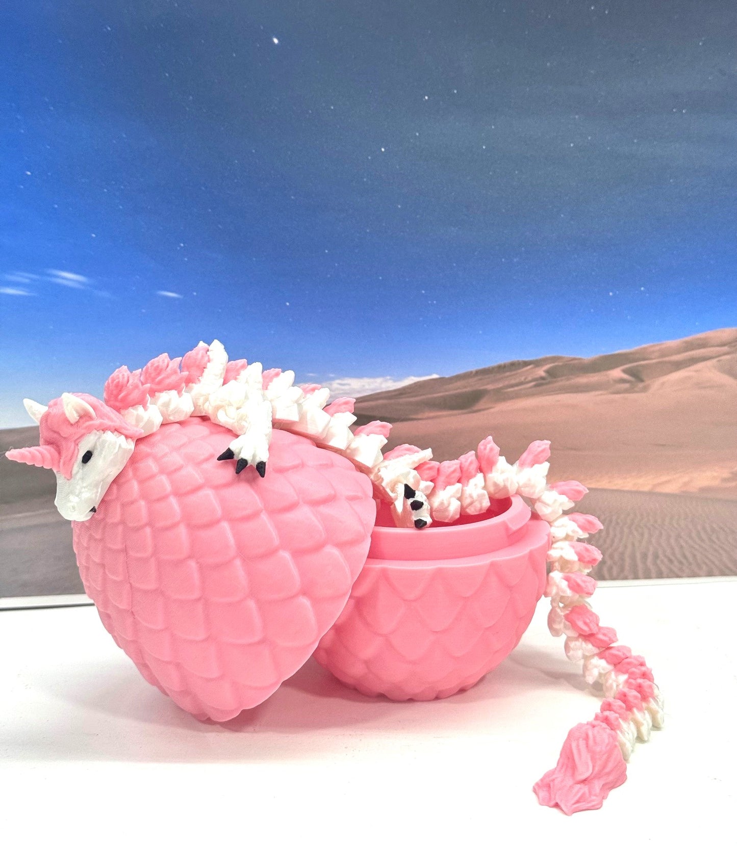 3D Printed Dragon with Egg, Articulated White and Pink Unicorn Dragon, Fidget ADHD Dragon Toy - D061-PE