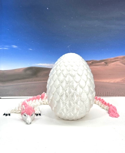 3D Printed Dragon with Egg, Articulated White and Pink Unicorn Dragon, Fidget ADHD Dragon Toy - D061-WE