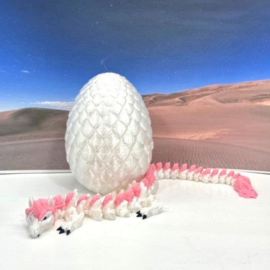 3D Printed Dragon with Egg, Articulated White and Pink Unicorn Dragon, Fidget ADHD Dragon Toy - D061-WE