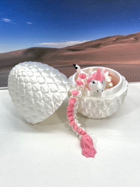 3D Printed Dragon with Egg, Articulated White and Pink Unicorn Dragon, Fidget ADHD Dragon Toy - D061-WE