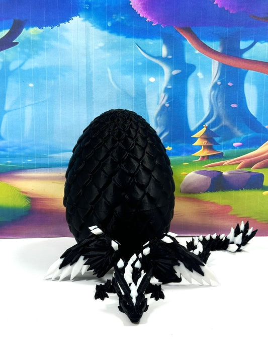 3D Printed Dragon with Egg, Articulated Black and White Crystal Winged Dragon, Fidget ADHD Dragon Toy - CW012-BE