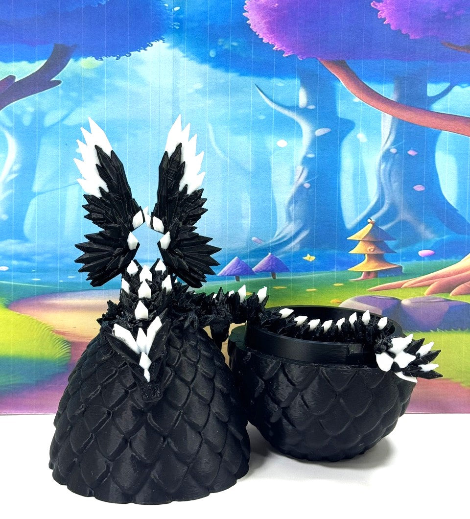 3D Printed Dragon with Egg, Articulated Black and White Crystal Winged Dragon, Fidget ADHD Dragon Toy - CW012-BE
