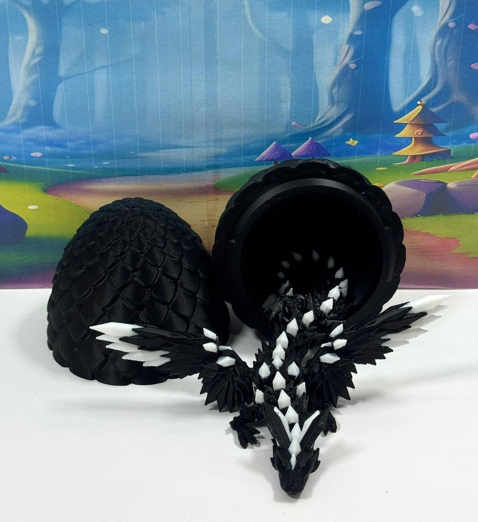 3D Printed Dragon with Egg, Articulated Black and White Crystal Winged Dragon, Fidget ADHD Dragon Toy - CW012-BE