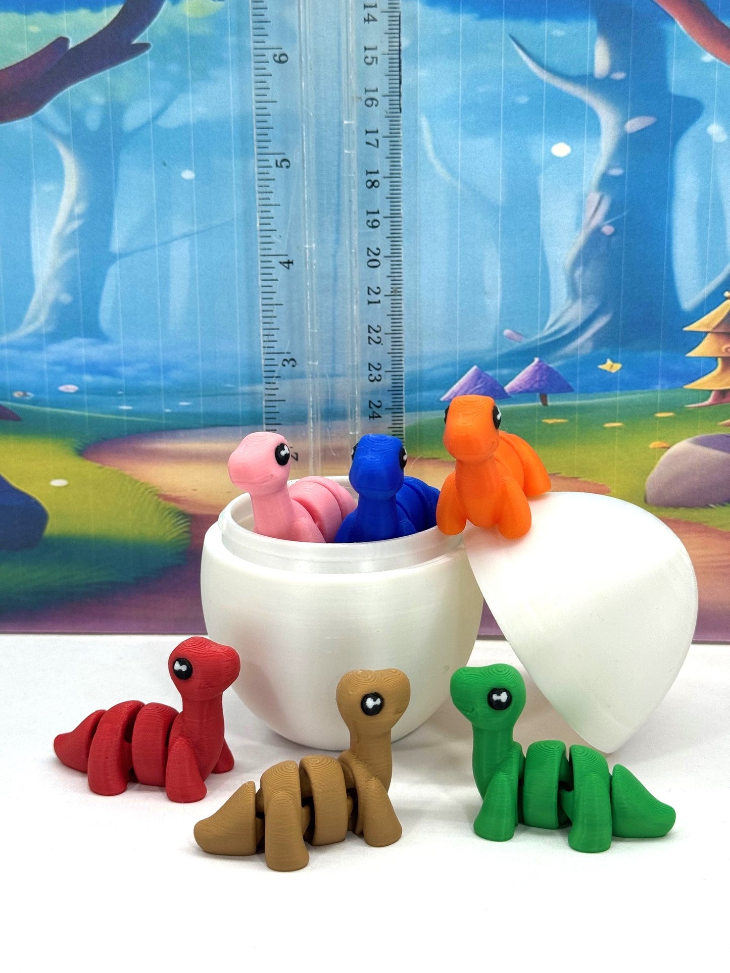 7pcs 3D Printed Mini Dinosaurs with Egg, Articulated Mini Brontosaurus Dinosaurs, Fidget Mini Pocket Pals - MD002-BRO